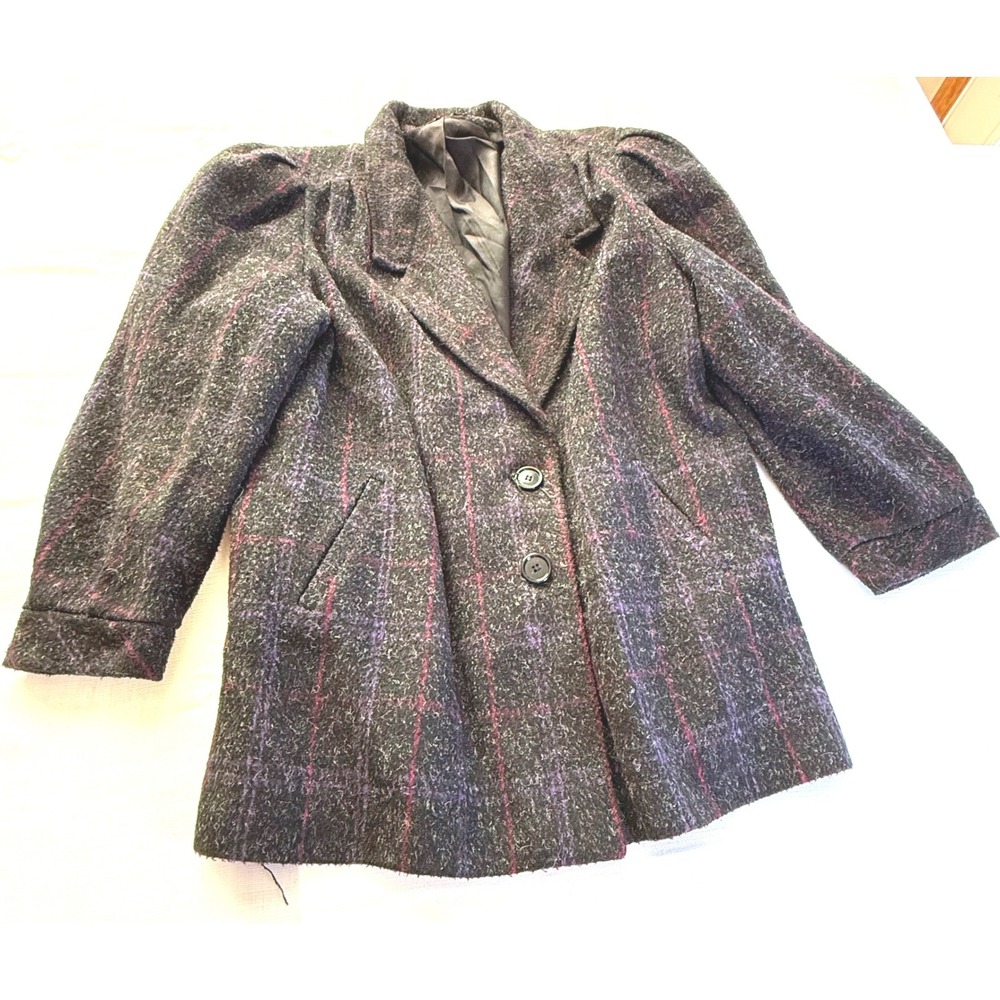 Vintage 80s Wool Plaid Blazer Coat NYC New York Girl Puff‎ Shoulder Power Jacket
